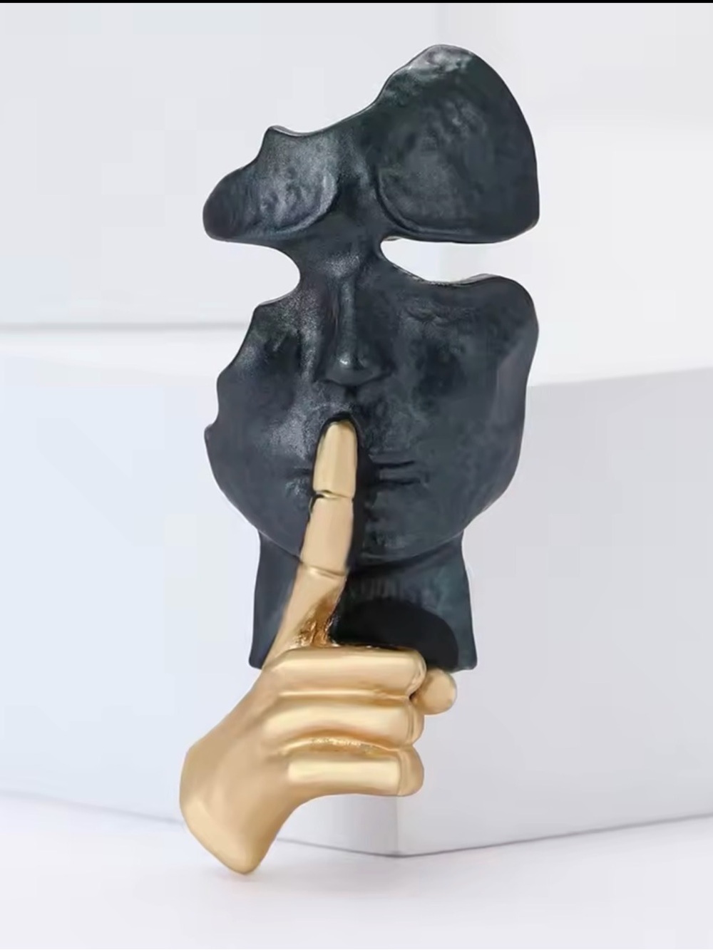 Artistic "Shh" Gesture Brooch – Abstract Face with Gold-Tone Hand